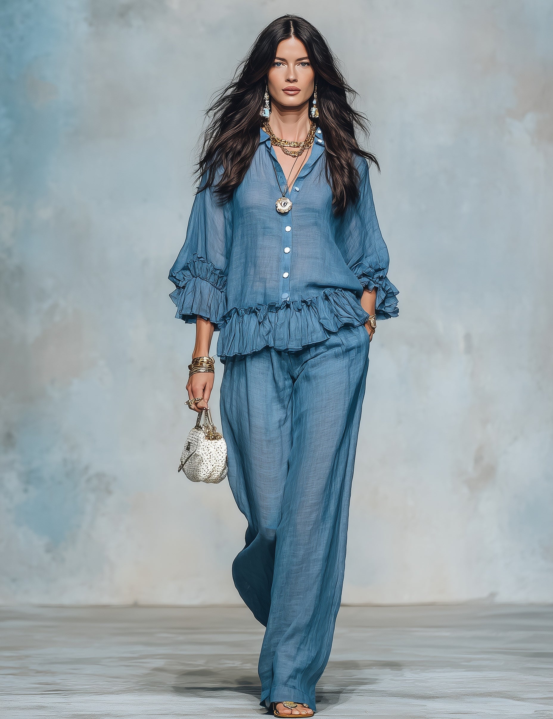 Women's Sheer Ruffle Blouse & Wide Leg Pants Two-Piece Set