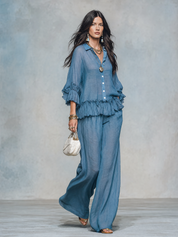 Women's Sheer Ruffle Blouse & Wide Leg Pants Two-Piece Set