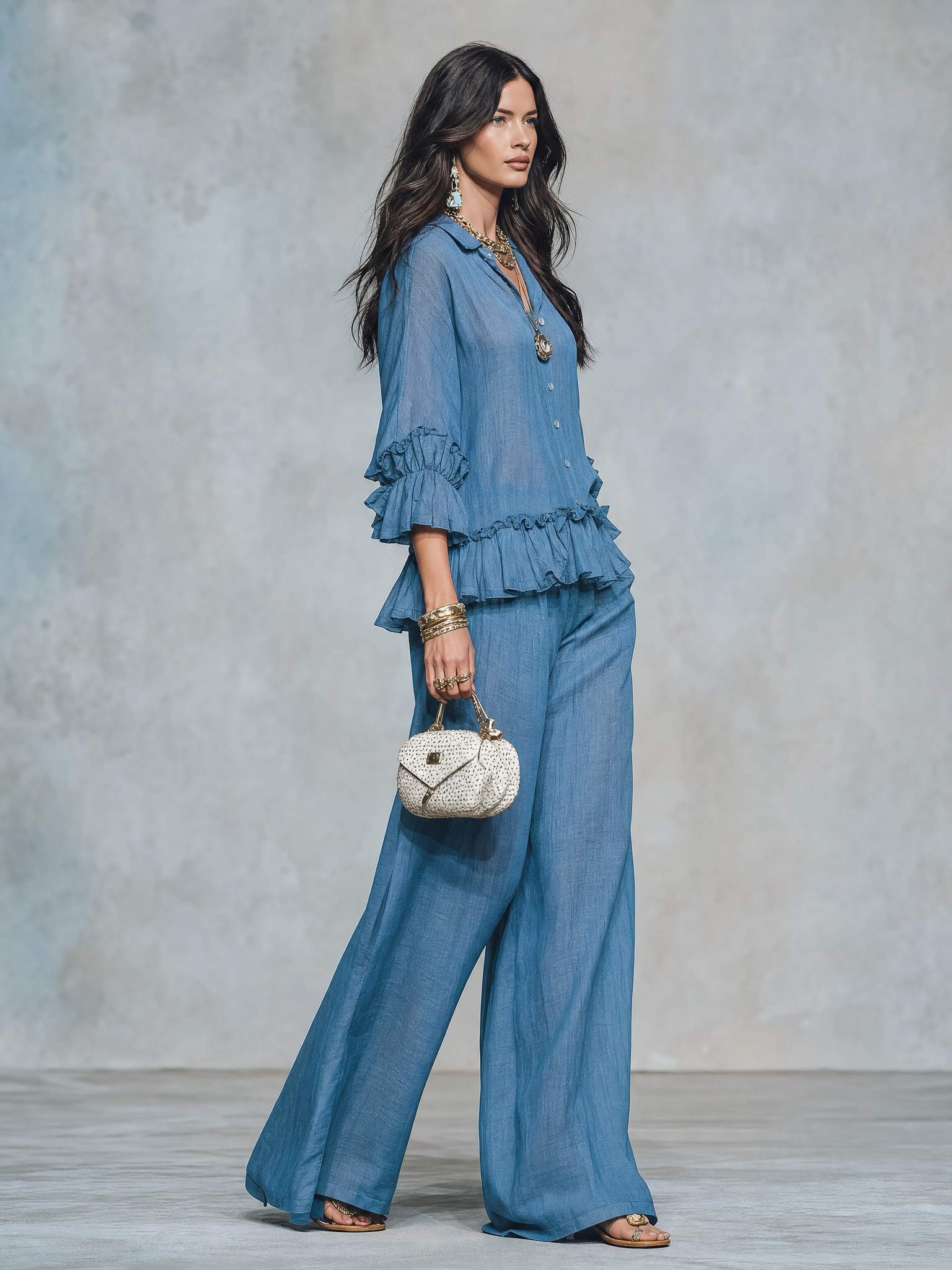 Women's Sheer Ruffle Blouse & Wide Leg Pants Two-Piece Set