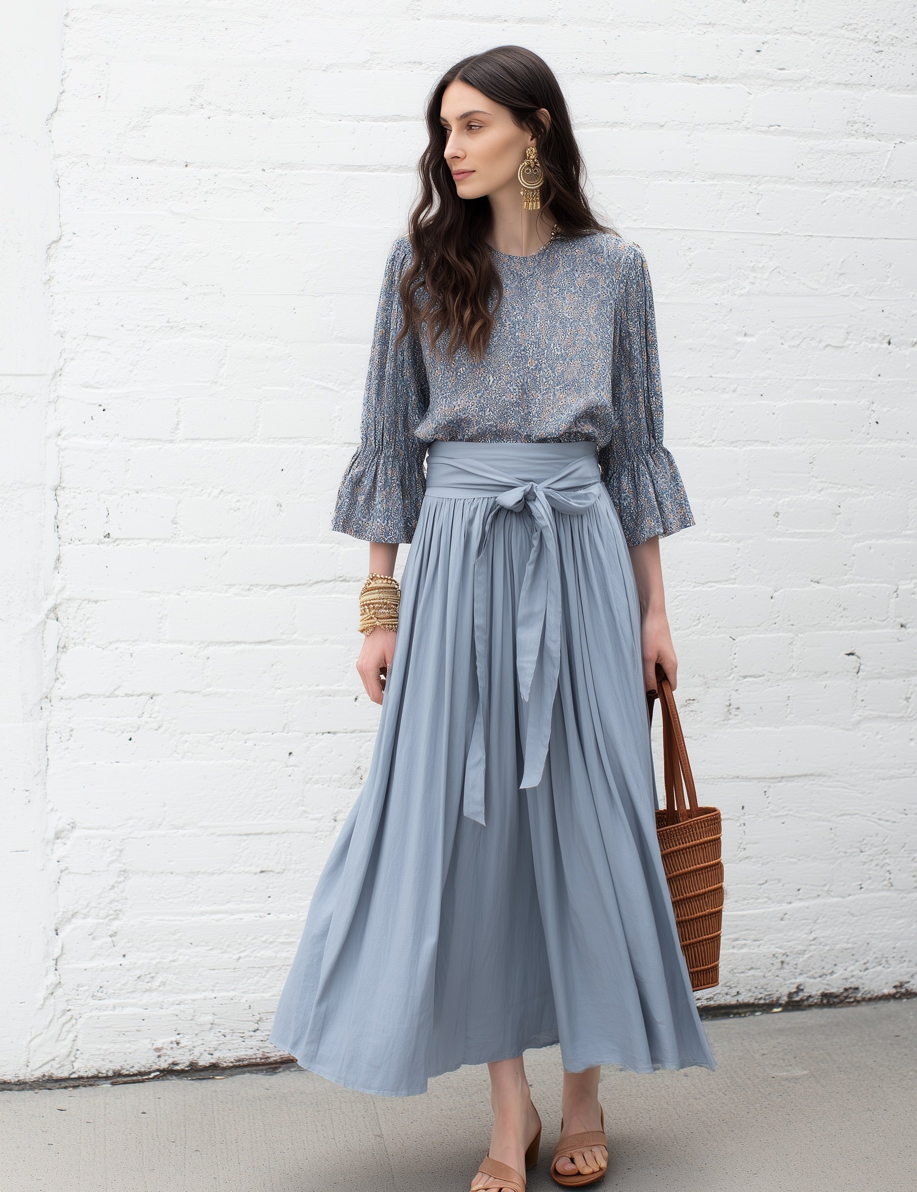 Elegant Dusty Blue Floral Print Blouse &  Skirt Set