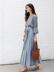 Elegant Dusty Blue Floral Print Blouse &  Skirt Set