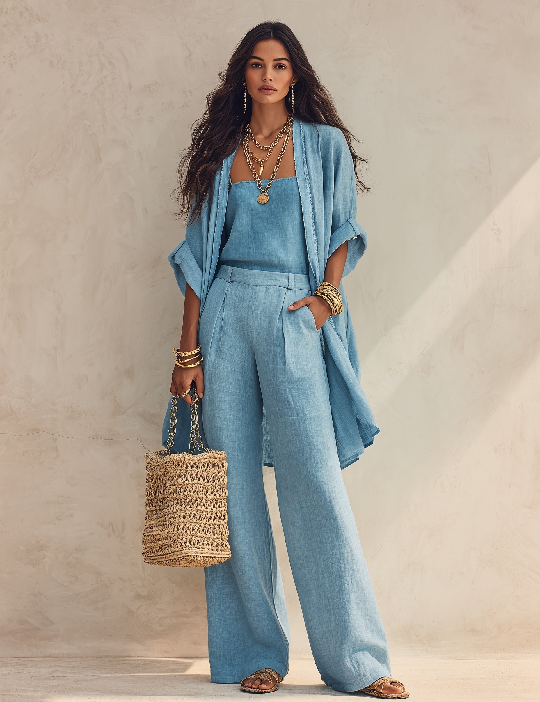 Women's 3-Piece Set Open Front Kimono Cardigan Cami Top Wide Leg Pants Casual Linen Look Outfit