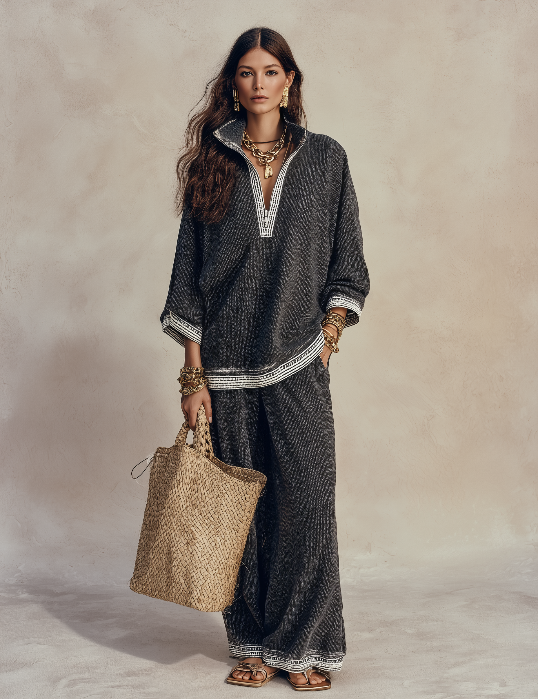 Women's Textured V-Neck Half-Zip Top and Wide-Leg Pants Two-Piece Set