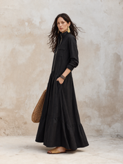 Effortless Boho Linen Zip-Front Tiered Drop-Waist Black Maxi Dress