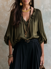 Bohemian Olive Green Ruffled Top And Lantern Pants Set