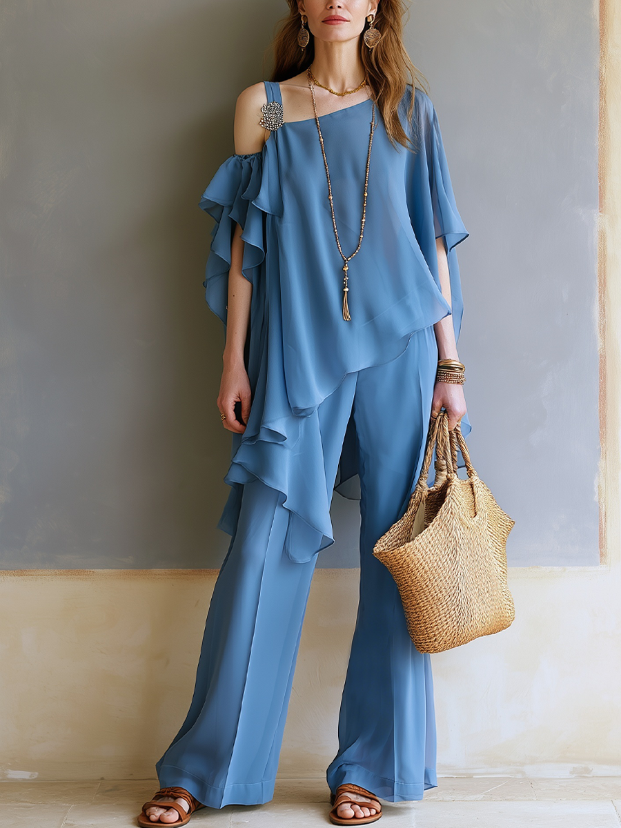 Bohemian Gray-blue Layered Ruffled Trouser Suit