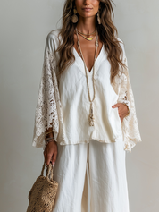 Bohemian White Lace Sleeved Linen Top And Trousers Suit