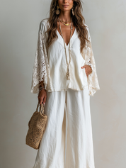 Bohemian White Lace Sleeved Linen Top And Trousers Suit