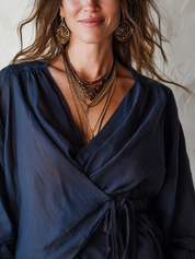 Bohemian Midnight Blue Cotton Linen Ruffle Shirt
