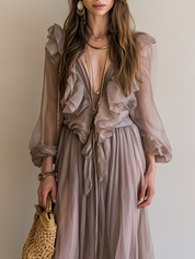 Bohemian Grey-brown Ruffled Maxi Dress