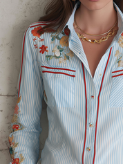 Classic Blue Stripe Floral Embroidered Shirt