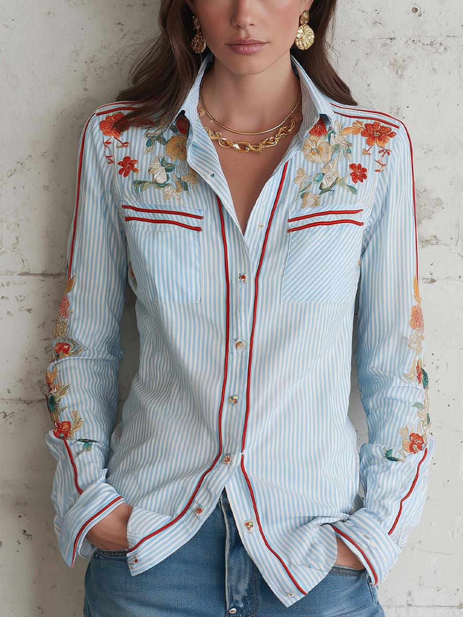 Classic Blue Stripe Floral Embroidered Shirt