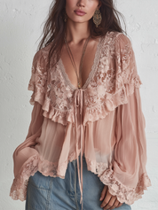 Elegant Blush Lace Chiffon Blouse