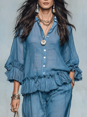 Women's Sheer Ruffle Blouse & Wide Leg Pants Two-Piece Set