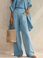 Women's 3-Piece Set Open Front Kimono Cardigan Cami Top Wide Leg Pants Casual Linen Look Outfit