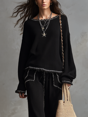 Minimal Boho Frayed Edge Knit Top & Wide Leg Pants Set
