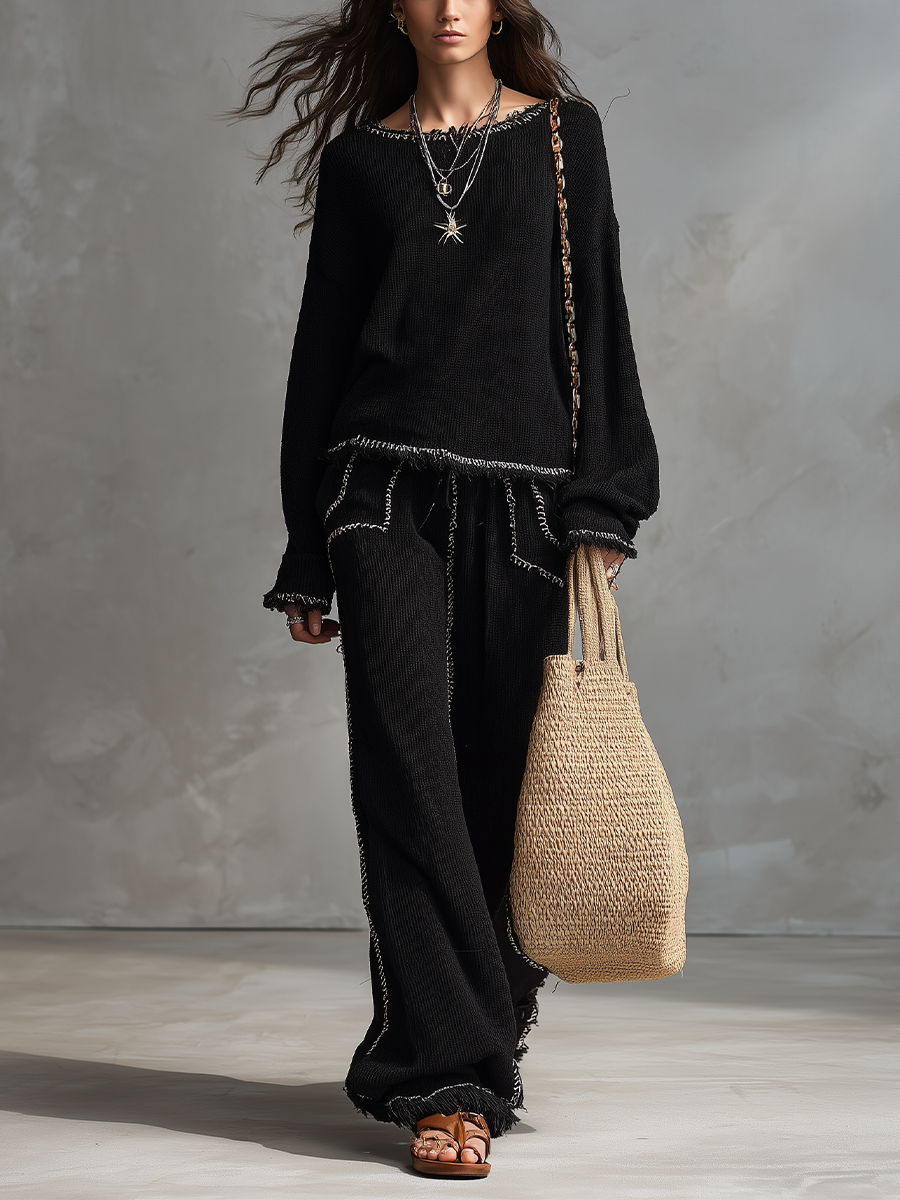 Minimal Boho Frayed Edge Knit Top & Wide Leg Pants Set