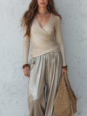 Coastal Evening Draped Wrap Top & Metallic Pleated Trousers Set