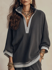 Women's Textured V-Neck Half-Zip Top and Wide-Leg Pants Two-Piece Set
