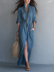 Effortless Resort Blue Button Front Maxi Dress