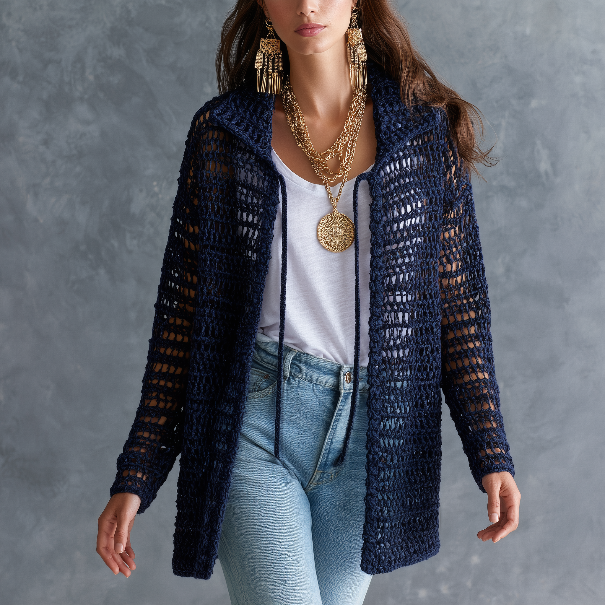 Coastal Boho Open-Knit Long-Sleeve Hollow-Out Dark Blue Duster Cardigan