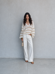 Effortless Chic Loose-Knit Drop-Shoulder Balloon-Sleeve Cream Striped Pullover