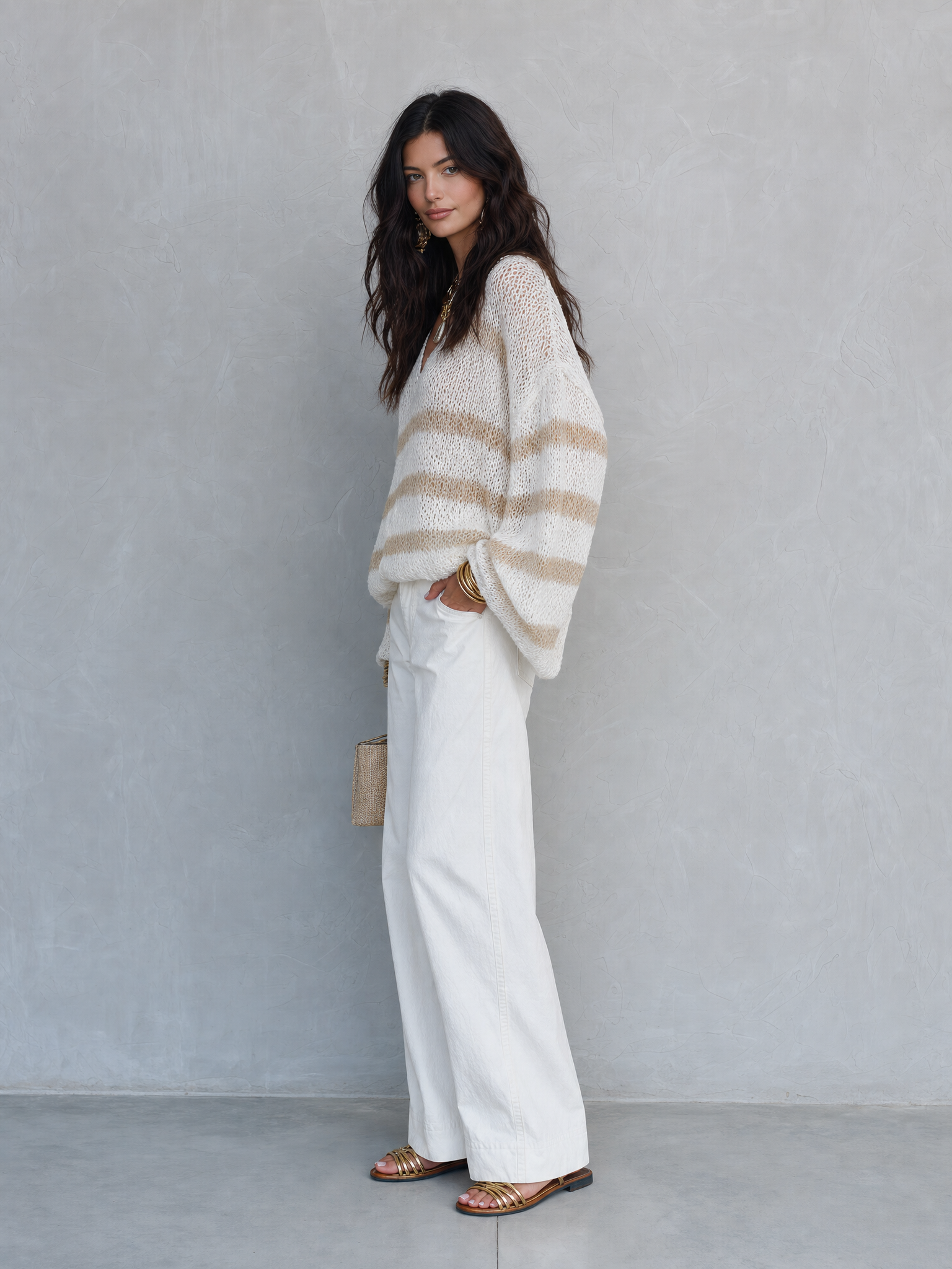 Effortless Chic Loose-Knit Drop-Shoulder Balloon-Sleeve Cream Striped Pullover