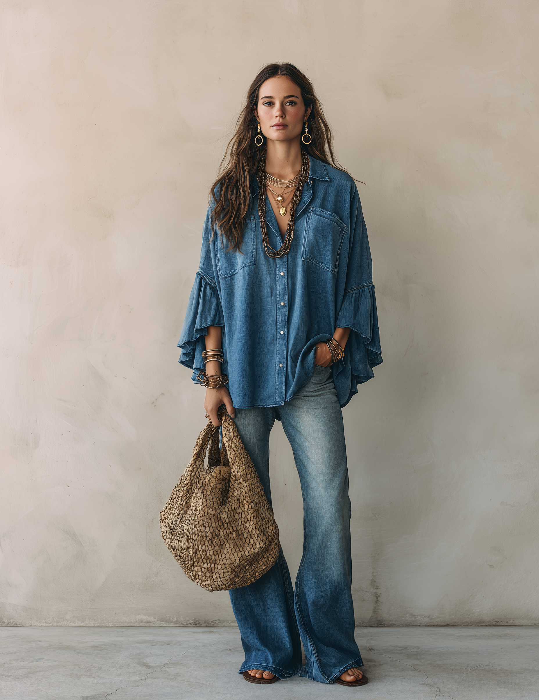 Effortless Chic Chambray Drop-Shoulder Flare-Sleeve Denim Blue Blouse