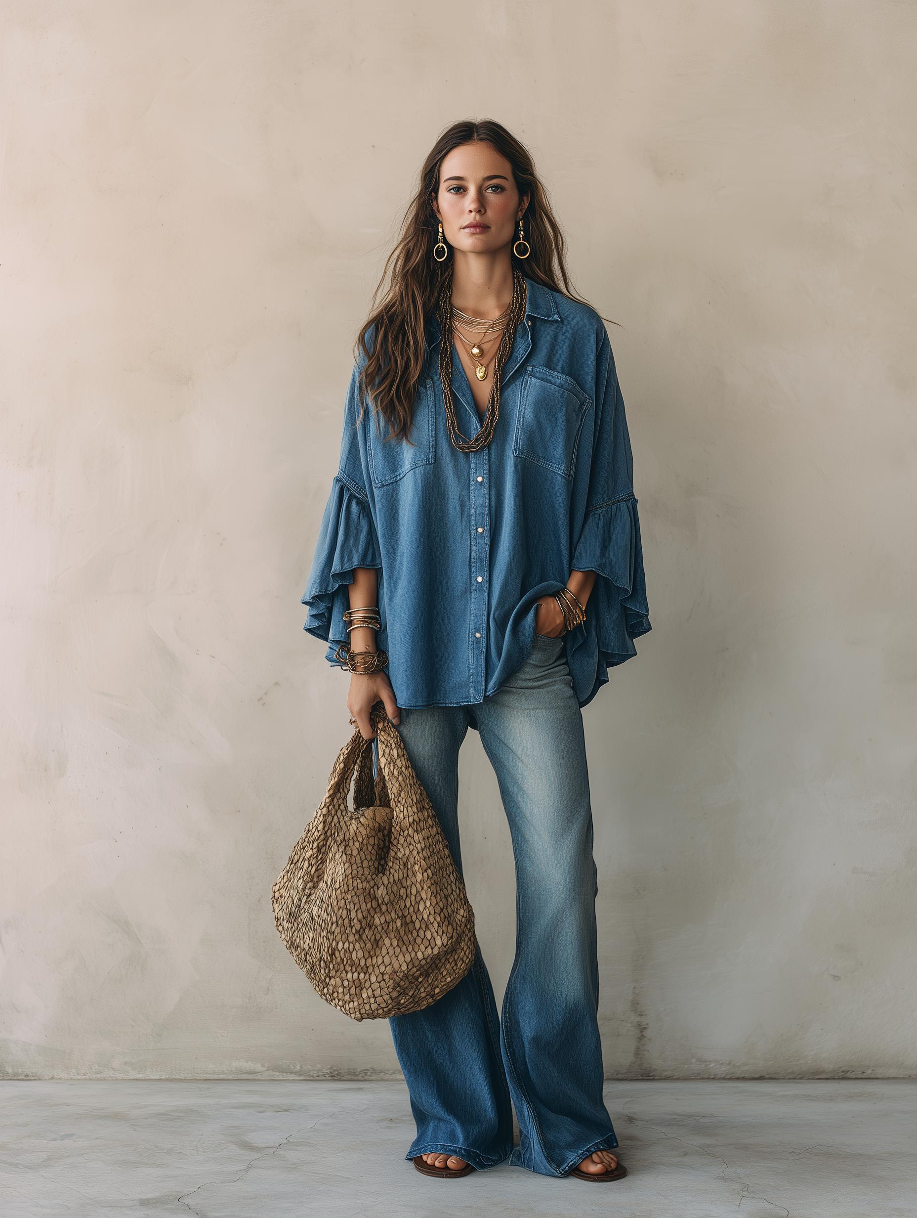 Effortless Chic Chambray Drop-Shoulder Flare-Sleeve Denim Blue Blouse