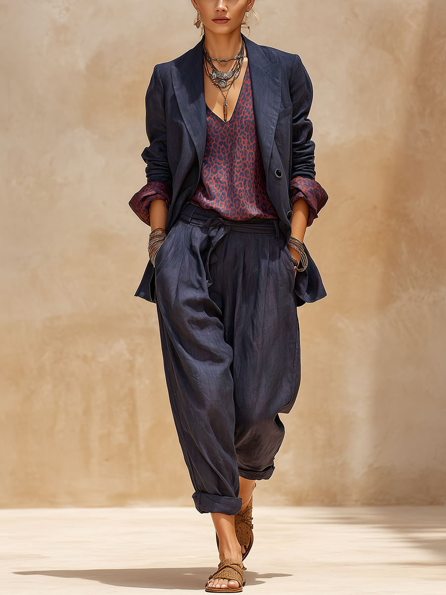 Bohemian Cotton Linen Midnight Blue Leopard Print Suit
