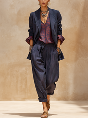 Bohemian Cotton Linen Midnight Blue Leopard Print Suit