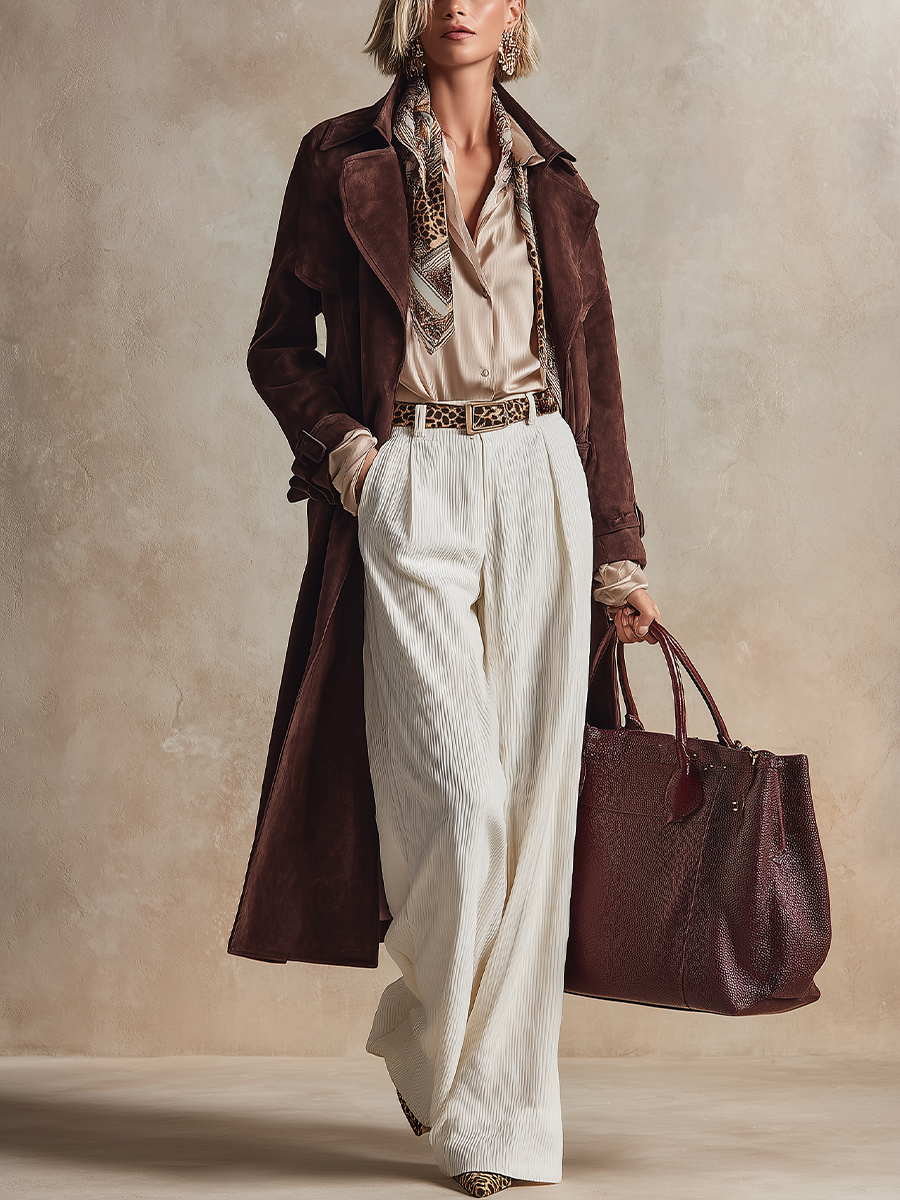 Suede Trench Coat And Textured Trousers Three-piece Set