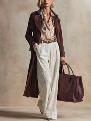 Suede Trench Coat And Textured Trousers Three-piece Set