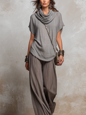 Relaxed Taupe Crinkled Wide-Leg Set