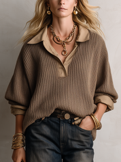 Relaxed Luxe Collared V-Neck Textured Knit Sweater Top