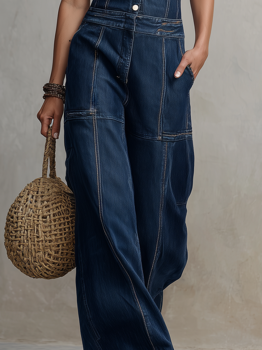 Modern Bohemian Collared Wide Leg Denim Overall Jumpsuit