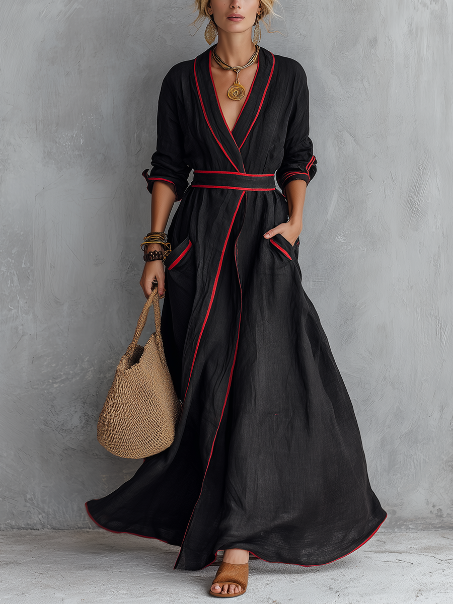 Boho Luxe Contrast Trim Wrap Maxi Dress