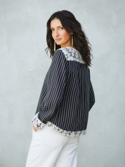Elegant Black Lace Trim Striped Blouse