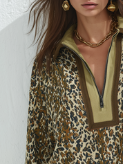 Relaxed Olive Leopard Quarter-Zip Pullover