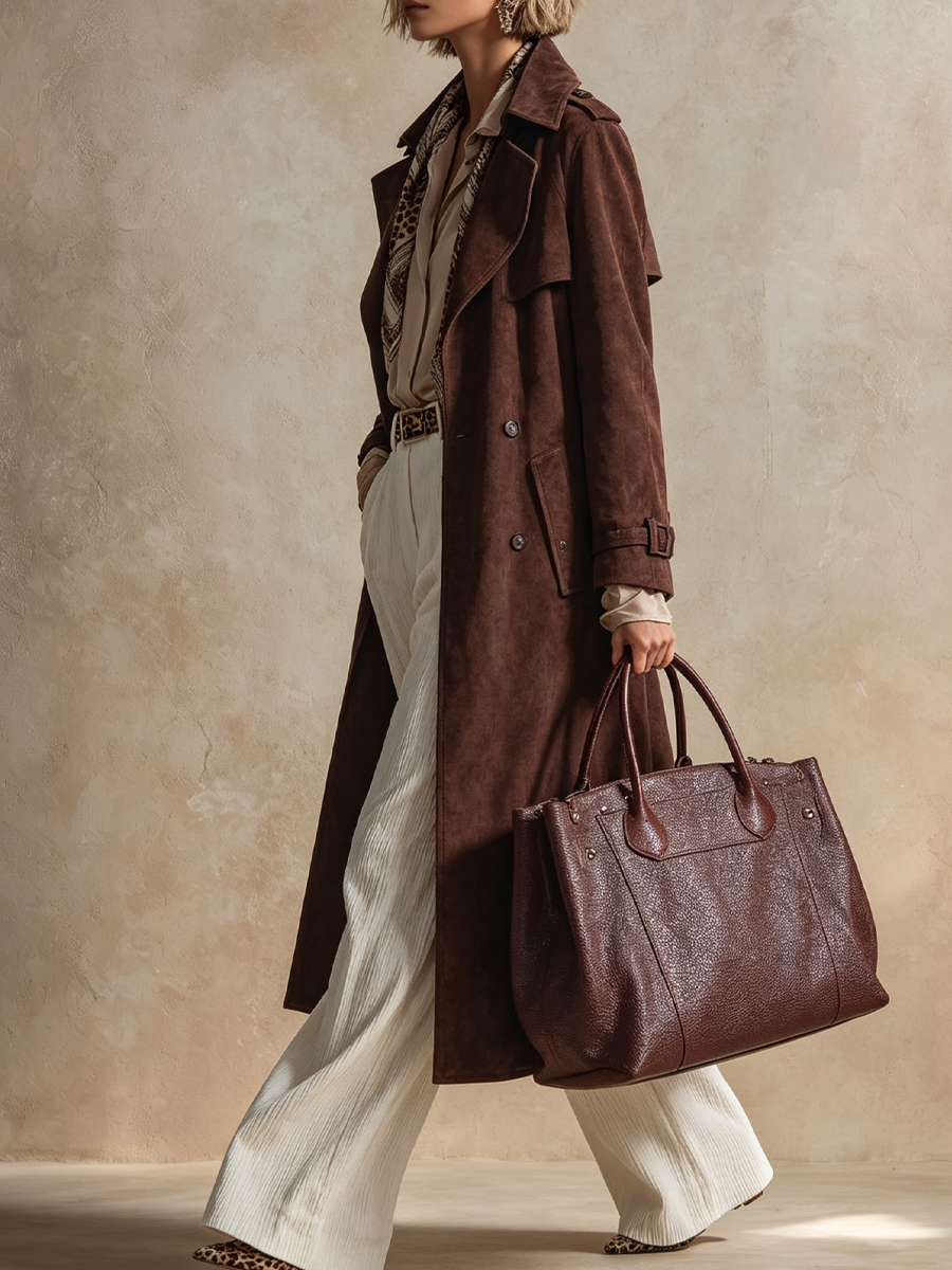 Suede Trench Coat And Textured Trousers Three-piece Set