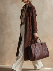 Suede Trench Coat And Textured Trousers Three-piece Set
