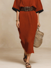 Minimalist Autumn Sweater-Knit Round-Neck Cocoon Brick Red Maxi Dress