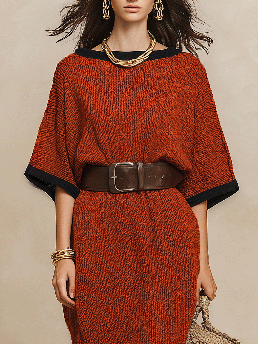 Minimalist Autumn Sweater-Knit Round-Neck Cocoon Brick Red Maxi Dress