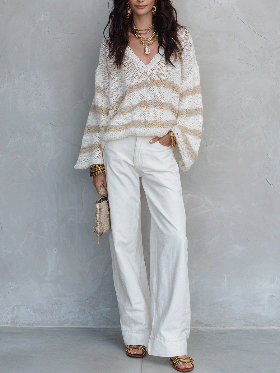 Effortless Chic Loose-Knit Drop-Shoulder Balloon-Sleeve Cream Striped Pullover
