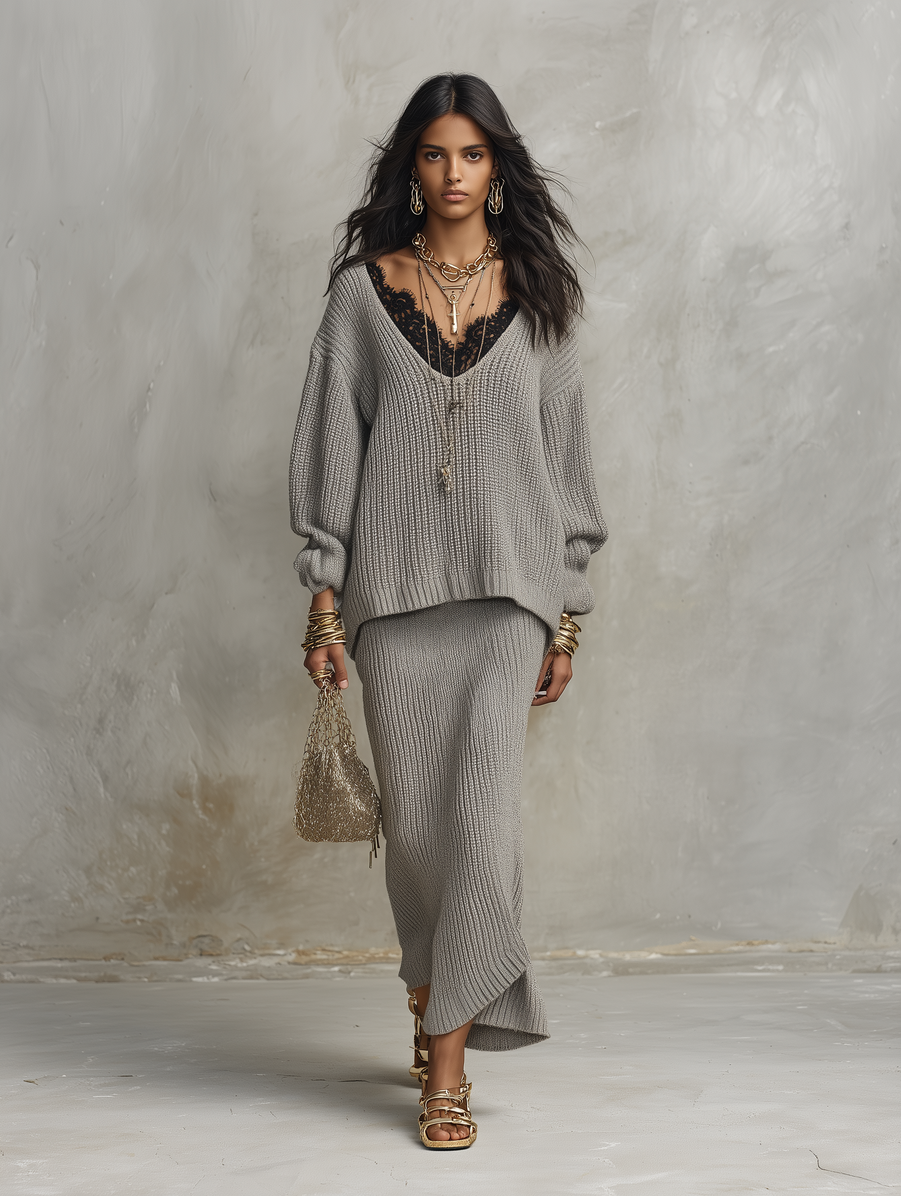Effortless Chic Ribbed-Knit Lace-Trim Deep-V Grey Oversized Sweater