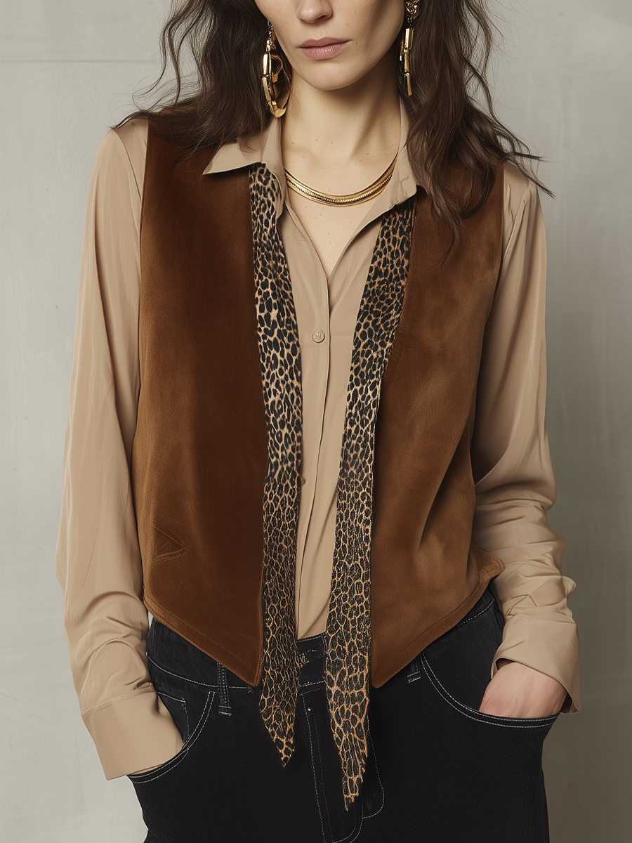 Refined Camel Suede Leopard Accent Two-Piece Set