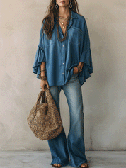 Effortless Chic Chambray Drop-Shoulder Flare-Sleeve Denim Blue Blouse