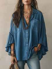Effortless Chic Chambray Drop-Shoulder Flare-Sleeve Denim Blue Blouse