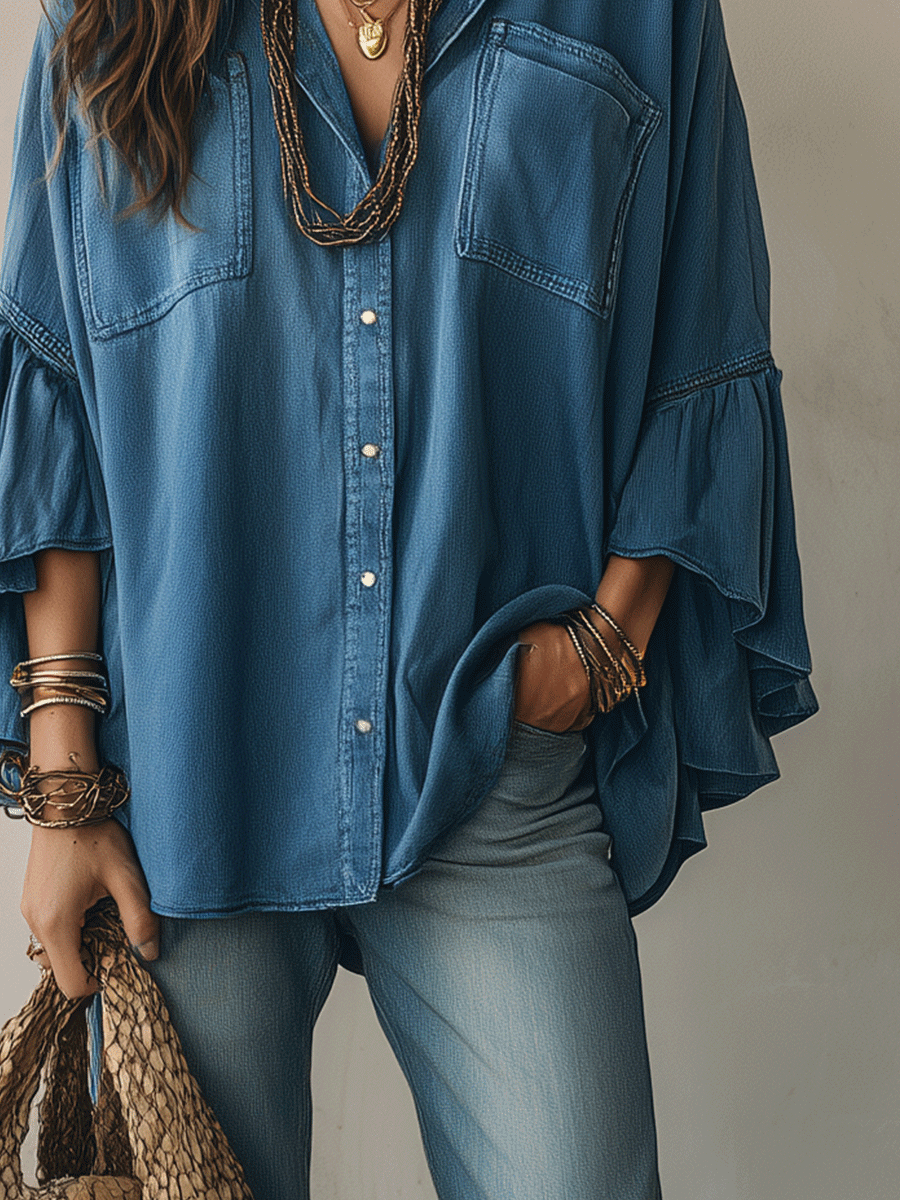 Effortless Chic Chambray Drop-Shoulder Flare-Sleeve Denim Blue Blouse
