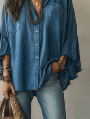 Effortless Chic Chambray Drop-Shoulder Flare-Sleeve Denim Blue Blouse